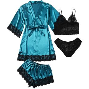 SOLY HUX Women's Satin Pajama Set 4pcs Floral Lace Trim Cami Lingerie Sleepwear with Robe