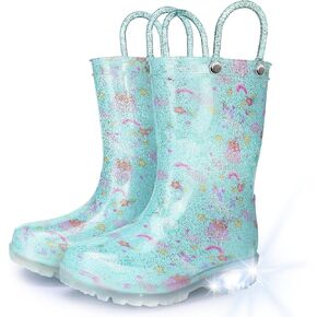 Rain Boots for Girls - Light Up Rain Boots for Toddlers and Kids Waterproof Shoes with Handles