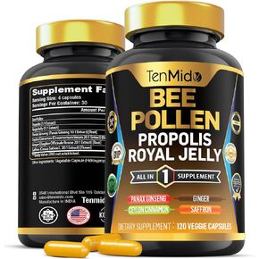 Organic Bee Pollen Supplement - 7in1 Formula - Combine with Propolis, Royal Jelly, Panax Ginseng, Ceylon Cinnamon, Ginger, and Saffron - Digestive Health, Immune Support - 120 Capsules