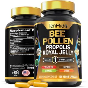 Organic Bee Pollen Supplement for Men and Women, 7in1 Formula with Propolis, Royal Jelly, Turmeric, Carob & More - Energy, Immune, Digestive Support - Rich in Nutrient, Vitamins - 150 Capsules