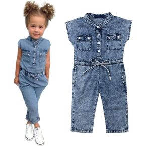 Toddler Girl Denim Pants Overalls Short Sleeve Round Neck Button Down Jeans Jumpsuit Clothing