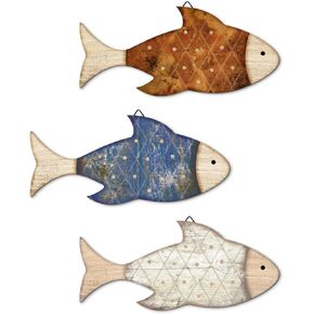 Putuo Decor 3 Pcs Wooden Fish Wall Decor Beach Nautical Coastal Theme Fish Wall Sculpture Wood School of Fish Wall Art Hanging Lake House Ocean Decor Vintage Ornaments for Home Bathroom Bedroom