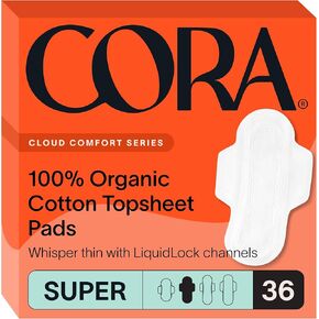 Cora 100% Organic Cotton Topsheet Pads | Ultra Thin Period Pads with Wings | Super Absorbency | Ultra-Absorbent Sanitary Pads for Women (36 Count)