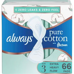 Always Pure Cotton Feminine Pads for Women, Size 3, Extra Heavy Flow, with wings, Unscented, Free of Dyes, Fragrances, and Chlorine Bleaching, 22 Count X 3 Packs (66 Count Total)