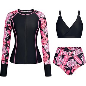 Kate Kasin Womens 3 Piece Rash Guard UPF 50+ Long Sleeve Swimsuits Zip Up Surfing Bathing Suits with Built in Bra Short