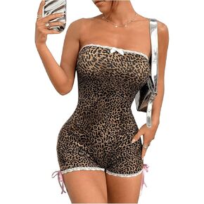 Floerns Women's Y2k Leopard Lace Bow Strapless Sleeveless Tube Unitard Backless Short Jumpsuit