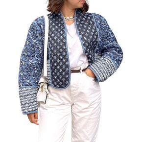 Womens Cropped Quilted Lightweight Jackets Floral Printed Open Front Puffer Coat Cardigan