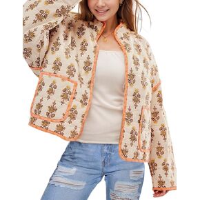 Arssm Women Floral Quilted Puffer Jacket Cropped Lightweight Patchwork Vintage Padded Short Coat Outerwear