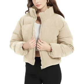 Flygo Womens Cropped Corduroy Puffer Jacket Winter Jackets Warm Long Sleeve Zip Quilted Down Puffer Coat