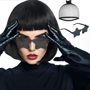 Anogol Hair Cap + (Sunglasses) Red Bob Wig with Bangs Bob Wig with Star Shape Sunglasses Womens Red Party Wig Short Neon Wig for Daily Party Outfit Fun wigs for Women Halloween Costume Night Club Wig