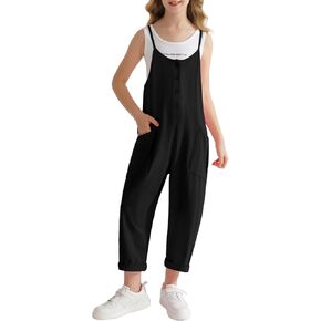 Jumpsuits for Girls Solid Long Pants Sleeveless Spaghetti Strap Casual Loose Rompers Casual Overalls with 2 Pockets