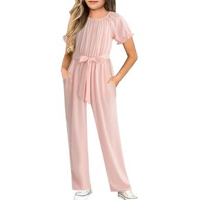Girls Jumpsuit Kids Fashion Short Sleeve Round Neck Belted Wide Leg Romper One Piece Outfits for 4-12 Years