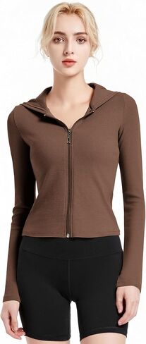 Abonlen Ribbed Hoodies for Women Lightweight Full Zip Up Jackets Long Sleeves Tops Fitted Cropped Sweatshirt in Kuwait