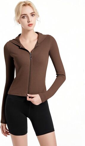 Abonlen Ribbed Hoodies for Women Lightweight Full Zip Up Jackets Long Sleeves Tops Fitted Cropped Sweatshirt in Kuwait