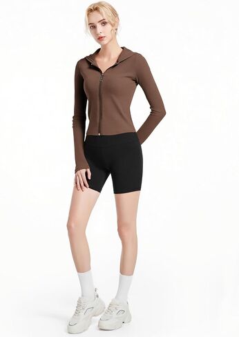 Abonlen Ribbed Hoodies for Women Lightweight Full Zip Up Jackets Long Sleeves Tops Fitted Cropped Sweatshirt in Kuwait