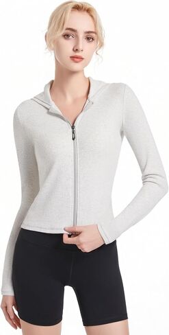 Abonlen Ribbed Hoodies for Women Lightweight Full Zip Up Jackets Long Sleeves Tops Fitted Cropped Sweatshirt in Saudi Arabia
