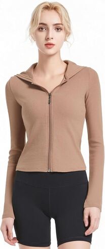 Abonlen Ribbed Hoodies for Women Lightweight Full Zip Up Jackets Long Sleeves Tops Fitted Cropped Sweatshirt in Saudi Arabia