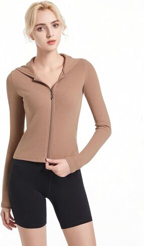 Abonlen Ribbed Hoodies for Women Lightweight Full Zip Up Jackets Long Sleeves Tops Fitted Cropped Sweatshirt in Saudi Arabia