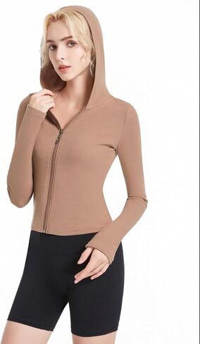 Abonlen Ribbed Hoodies for Women Lightweight Full Zip Up Jackets Long Sleeves Tops Fitted Cropped Sweatshirt in Saudi Arabia