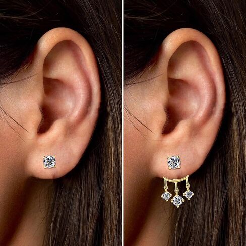 AINUOSHI Moissanite Stud Earrings with Triple Stones Dangle Drop Ear Jacket Earrings for Women 925 Sterling Silver Two Wear Style Standalone Stud Earrings and Dangle Charm Ear Jacket Combined Sets in Saudi Arabia