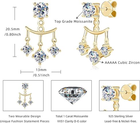 AINUOSHI Moissanite Stud Earrings with Triple Stones Dangle Drop Ear Jacket Earrings for Women 925 Sterling Silver Two Wear Style Standalone Stud Earrings and Dangle Charm Ear Jacket Combined Sets in Saudi Arabia
