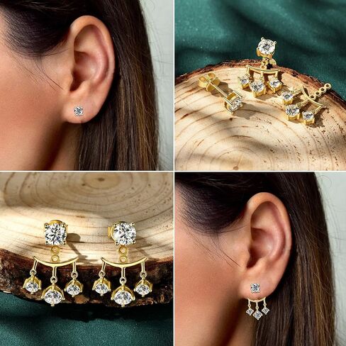 AINUOSHI Moissanite Stud Earrings with Triple Stones Dangle Drop Ear Jacket Earrings for Women 925 Sterling Silver Two Wear Style Standalone Stud Earrings and Dangle Charm Ear Jacket Combined Sets in Saudi Arabia