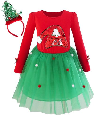 Sunny Fashion Girls Dress Reindeer Headband Santa Christmas Long Sleeve Party Dress in Saudi Arabia