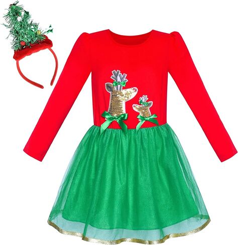 Sunny Fashion Girls Dress Reindeer Headband Santa Christmas Long Sleeve Party Dress in Kuwait