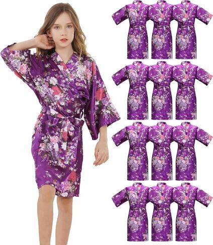 12 Pieces Girls Kids Silky Satin Solid Color Short Kimono Robes for Wedding Birthday Slumber Spa Party in Kuwait
