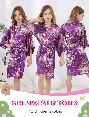 12 Pieces Girls Kids Silky Satin Solid Color Short Kimono Robes for Wedding Birthday Slumber Spa Party in Kuwait
