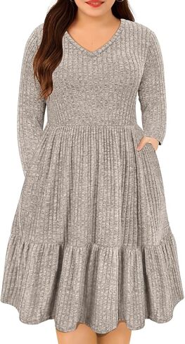 CARCOS Plus Size Dresses for Curvy Women Crew/Vneck Long Sleeve Dresses Ladies Knee Long Fall Winter Dress with Pocket XL-5XL in Kuwait