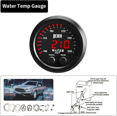 Universal 52mm Water Temperature Gauge 100-300F(38-150C) Electronic Red Digital LED DC12V/24V for Car Automotive with Joint Pipe Radiator Sensor Adaptor Blue 30MM in Kuwait