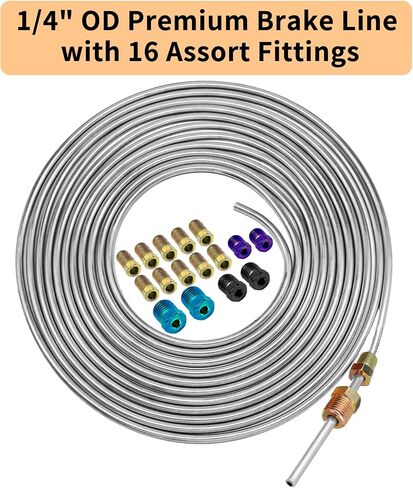 Braking Line Kit - Upgraded 25 Feet 1/4 Copper Coated Braking Line Tubing with 16 Color Fittings, Durability and Corrosion Resistance Copper Tubing for Automotive in Saudi Arabia