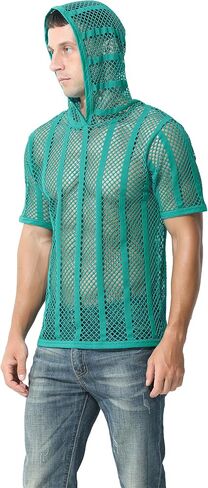 تي شيرت رجالي بغطاء للرأس مخطط شفاف بأكمام قصيرة وقميص داخلي مثير وشفاف للعضلات مقاس M L XLXL in Kuwait