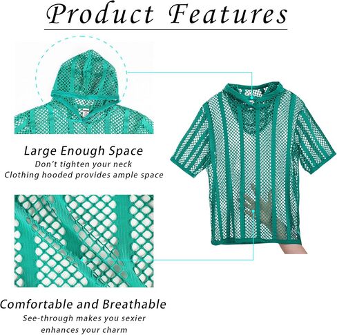 تي شيرت رجالي بغطاء للرأس مخطط شفاف بأكمام قصيرة وقميص داخلي مثير وشفاف للعضلات مقاس M L XLXL in Kuwait