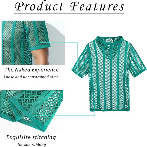 تي شيرت رجالي بغطاء للرأس مخطط شفاف بأكمام قصيرة وقميص داخلي مثير وشفاف للعضلات مقاس M L XLXL in Kuwait