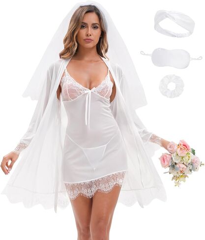 Women Sexy Lace Lingerie Sets 6 Piece Babydoll Mesh Sheer Sleepwear Strap Chemise Nightgown Robe in Saudi Arabia