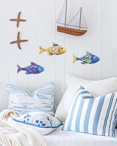 Putuo ديكور 3 قطع خشبية الأسماك جدار ديكور الشاطئ البحري الساحلي موضوع الأسماك جدار النحت الخشب مدرسة الأسماك جدار الفن شنقا بحيرة منزل المحيط ديكور الحلي خمر للمنزل الحمام غرفة نوم in Kuwait