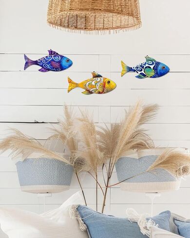Putuo ديكور 3 قطع خشبية الأسماك جدار ديكور الشاطئ البحري الساحلي موضوع الأسماك جدار النحت الخشب مدرسة الأسماك جدار الفن شنقا بحيرة منزل المحيط ديكور الحلي خمر للمنزل الحمام غرفة نوم in Kuwait