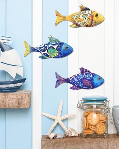 Putuo ديكور 3 قطع خشبية الأسماك جدار ديكور الشاطئ البحري الساحلي موضوع الأسماك جدار النحت الخشب مدرسة الأسماك جدار الفن شنقا بحيرة منزل المحيط ديكور الحلي خمر للمنزل الحمام غرفة نوم in Kuwait