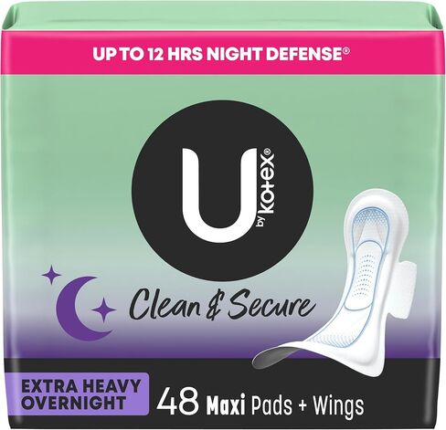 U by Kotex Clean & Secure Overnight Maxi Pads with Wings, Extra Heavy Absorbency, 48 Count (2 Packs of 24) (Packaging May Vary) in Saudi Arabia