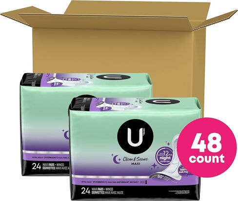 U by Kotex Clean & Secure Overnight Maxi Pads with Wings, Extra Heavy Absorbency, 48 Count (2 Packs of 24) (Packaging May Vary) in Saudi Arabia
