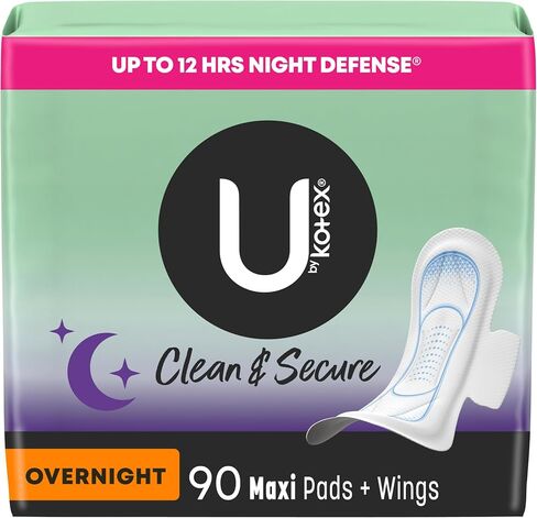 U by Kotex Clean & Secure Overnight Maxi Pads with Wings, Extra Heavy Absorbency, 48 Count (2 Packs of 24) (Packaging May Vary) in Saudi Arabia