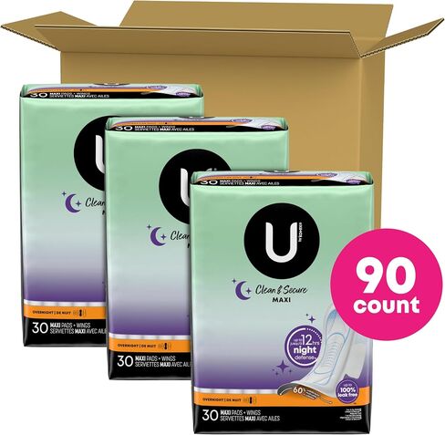 U by Kotex Clean & Secure Overnight Maxi Pads with Wings, Extra Heavy Absorbency, 48 Count (2 Packs of 24) (Packaging May Vary) in Saudi Arabia