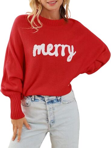 Womens Merry Christmas Sweaters Long Batwing Sleeve Sweater Loose Fit Pullover Top Sweaters in Saudi Arabia