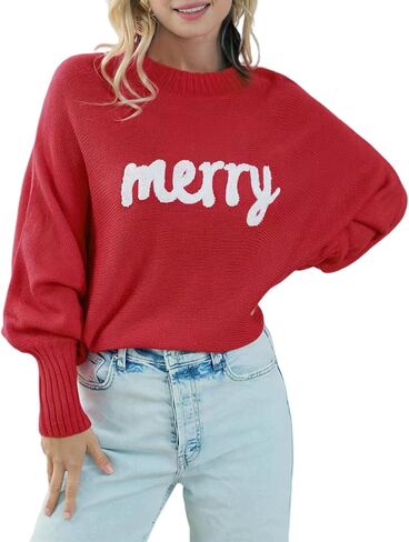 Womens Merry Christmas Sweaters Long Batwing Sleeve Sweater Loose Fit Pullover Top Sweaters in Saudi Arabia