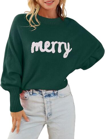 Womens Merry Christmas Sweaters Long Batwing Sleeve Sweater Loose Fit Pullover Top Sweaters in Saudi Arabia
