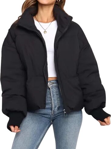 Flygo Winter Cropped Puffer Jacket Coats for Women 2024 Short Warm Quilted Jackets Outerwear with Pockets in Kuwait