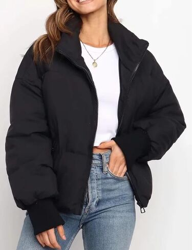 Flygo Winter Cropped Puffer Jacket Coats for Women 2024 Short Warm Quilted Jackets Outerwear with Pockets in Kuwait