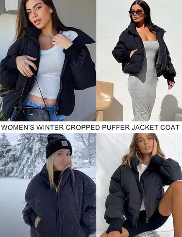 Flygo Winter Cropped Puffer Jacket Coats for Women 2024 Short Warm Quilted Jackets Outerwear with Pockets in Kuwait